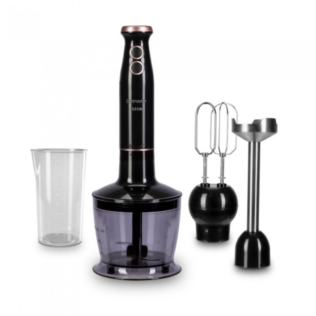 Blender 4 in 1, Goldmaster 7271, negru, 1500 W, blender, tocator, mixer, turbo, pahar de masurare 800ml, cap otel inoxidabil antistropire