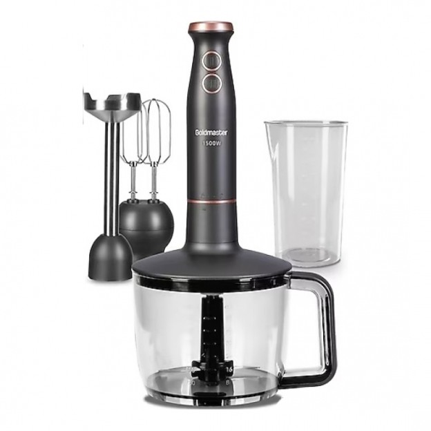 Blender 4 in 1 Goldmaster 7273, negru, 2 viteze, functia turbo, mixer otel inoxidabil rezistent la caldura, cap blender cu 4 lame si anti-stropire, castron maruntire de 1, 5 litri, pahar masurare 800ml