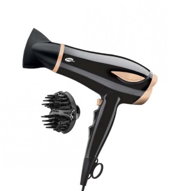 Uscator de par, Goldmaster 7163, 2200 W, 3 nivele de temperatura, 2 viteze, negru cu auriu, 2 capete ( difuzor de volum si cap concentrator )
