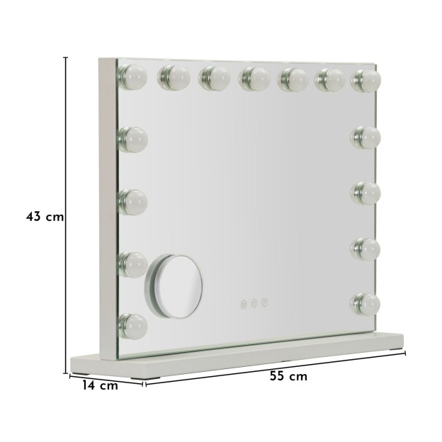 OGLINDA DE PODEA CU LED HOLLYWOOD CM 55X14X43 (DIMENSIUNEA OGLINDEI ROTUNDE MICĂ CM Ø 9) (LUMINĂ 3 CULORI) 