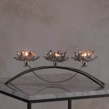 Suport lumânare triplu Cristal shine trio cu motiv floral argintiu