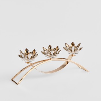 Suport lumânare triplu Cristal shine trio cu motiv floral auriu deschis