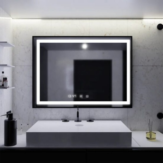 Oglinda LED Rama Neagra Senzor MotionGlow Incanto Sistem Dezaburire Ceas Rama Neagra 80x60 cm Lumina Rece/Calda/Neutra Dimabila, colectia Marcello Funghi 